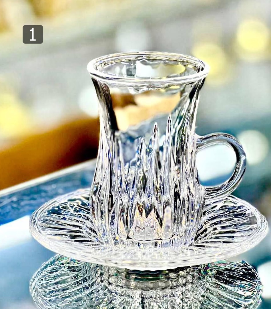 فنجان و نعلبکی شیشه‌ای کریستالی ست ۶ تایی